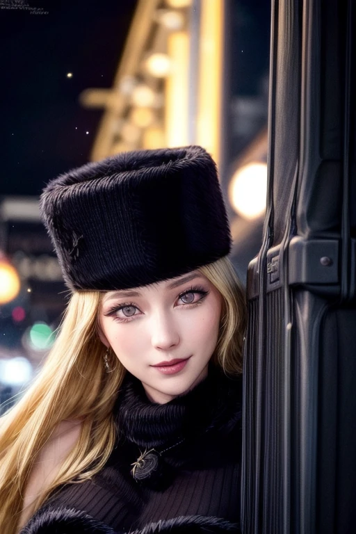 Maetel, Long Hair, Blonde,Fur trim, Black Hat, Fur hat, dress,(Cowboy Shot:1.1), Yellow Eyes, (luggage:1.1), vapor (station:1.1),stationのプラットホーム, night, Milky Way,999 Best Quality, Very detailed, masterpiece, Absurd,8k, (Detailed eyes, Deep Eyes),photoRealistic, Realistic,Detailed skin texture, Detailed pupil,High resolution,
1 Female,(Happy:1.1),smile, (Angular face:1.2),Shining Face,Large Breasts, (Tight waist:1.1), Lip Makeup,Long eyelashes