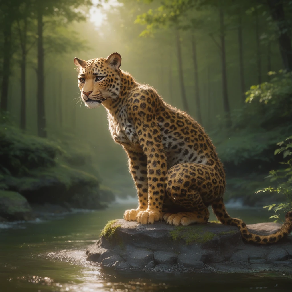 maozonia indigenous girl, 18 years old, bathing in a river, in the middle of the forest, a jaguar watching from afar, sad, Clockpunk, Gamercore, street level view, Blender rendering, 100mm, Sculpture, iridescent colors, Medicalcore, strobe lighting, ultra realistic, photorealistic, octane render, unreal engine, hyper detailed, volumetric lighting, hdr, octane render, fantasy 4k 8K