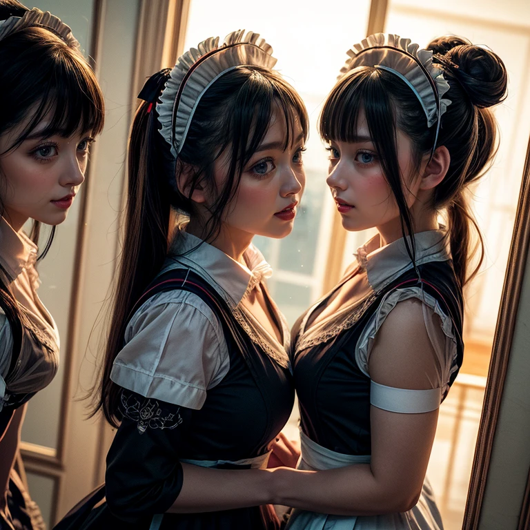 (Extremely Detailed((Kawaii Maid Group in a row:1.37))), Childish perfect face, Reflective Eyes, Detailed(Delicate Clothing textures), Dynamic Joyful Expressions LifeLike Rendering, (Specular Reflection:1.2), TopQuality 8K Ultra-detailed masterpiece (ProfessionalPhoto:1.37), (Acutance:0.8), (Luminism:1.28), (Renaissance art style), (Colorful Light particles:0.75), (Muscle:-0.5), ((Full body from side)), SkirtLift, glossy floor, Radiant Fine Skin with Transparency, (Exposed:0.4)