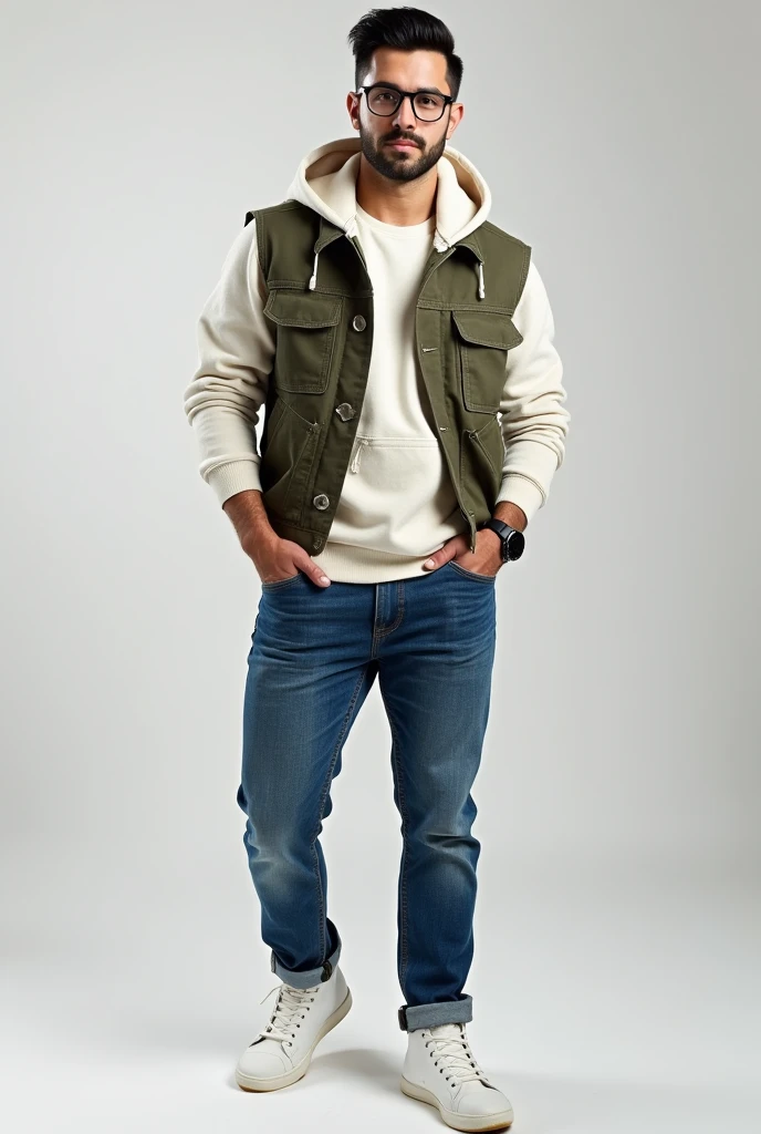 Create a photo of a man with muscles, with black, straight hair combed to the side, with glasses, Caucasian skin, wearing jeans, White high top sneakers, an off-white sweatshirt, a military green denim vest with a hood, a watch. 