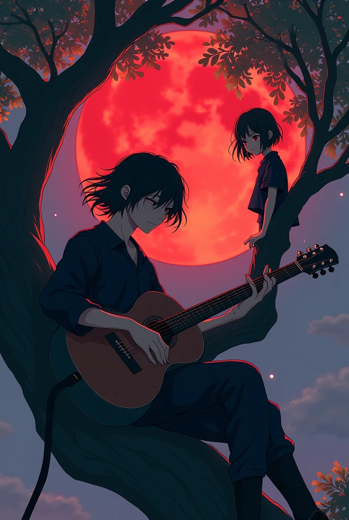 A young man with his guitar with very long hair dressed in black playing guitar in a tree under the red moon and in the other tree a girl dressed in grey with her head down (anime version)