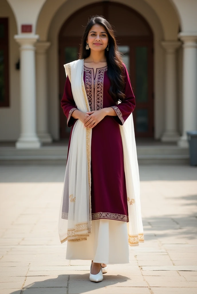 An Indian first year college girl formally dressed up in dark maroon suit, white salwar, white dupatta and white shoe