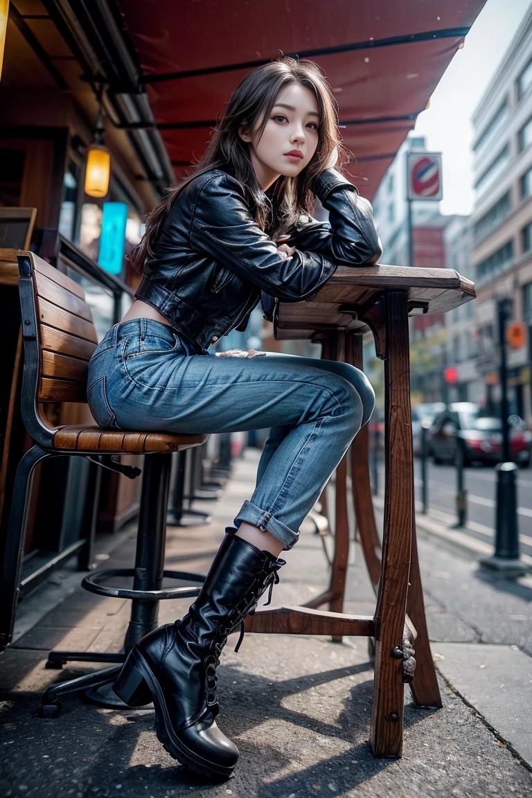 From a low angle looking up, Photograph shot on Sony a7r4, extreme angle shot from below. Frontal looking focus shot on her over-the-knee black leather boots of a young lady in modern chic attire sits seated inside a city booth on a barstool. korean lady. She tilts one boot, wearing leather jeans, exposing its sole to the viewer, whichare prominently displayed in the foreground with the bottom sole facing the camera, showing signs of wear. Sunlight illuminates her boots. The shot provides a close, intriguing view of the boot from a low vantage point. The main emphasis on her fashionable boots. The highest quality, realistic photography, 5550 K, Super - Resolution, 128K UHD, Hyper - realistic --ar 3:4 --v 6.1