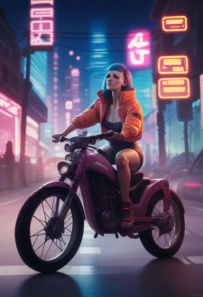 Girl on a hoverbike, driving down the street at night, night city, colored with neon lights, 3d, cyberpunk 2077 style,ultra realistic, ultra high definition, ultra high details 