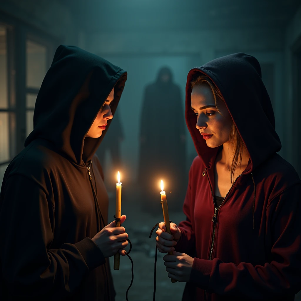 a horror picture in Pixar style of Harley Quinn
being captive fastened In a stick by a cult with black hoods on, in a abandoned house,make it during the night,while they have candles,arguing about the situation