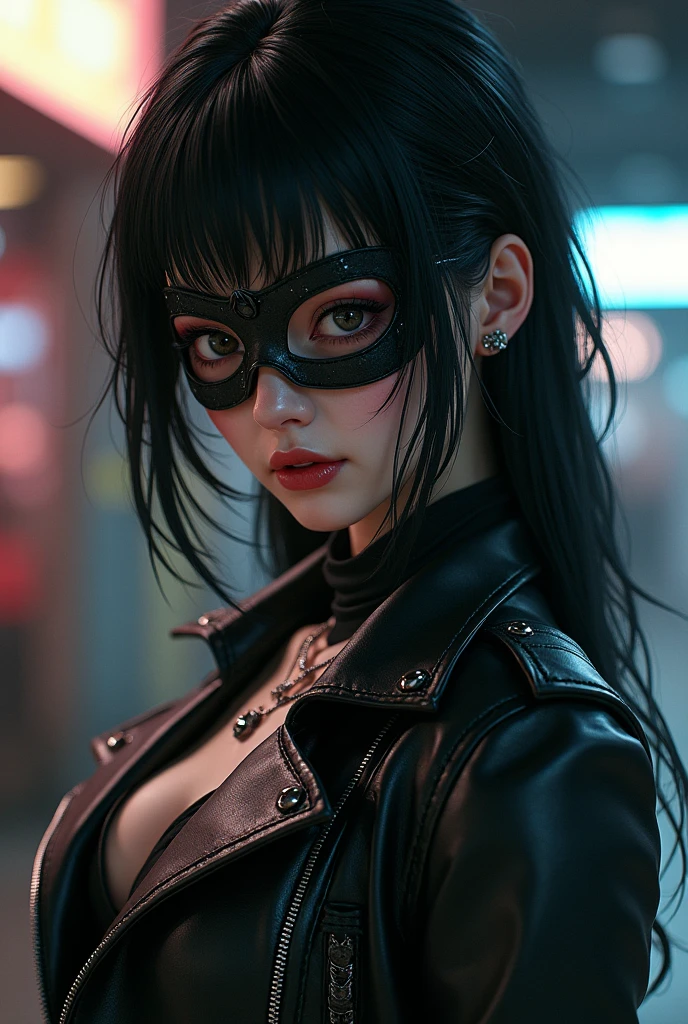there is a woman wearing a mask and a leather jacket, beautiful cyberpunk girl face, female cyberpunk anime girl, gothic - cyberpunk, jet black haired cyberpunk girl, beautiful cyberpunk woman model, cyberpunk anime girl, hyper-realistic cyberpunk style, cyberpunk assassin, seductive cyberpunk dark fantasy, cyberpunk horror style, the cyberpunk girl portrait, cyberpunk photo, cyberpunk beautiful girl
