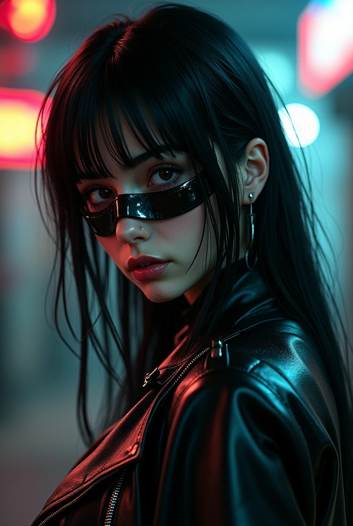 there is a woman wearing a mask and a leather jacket, beautiful cyberpunk girl face, female cyberpunk anime girl, gothic - cyberpunk, jet black haired cyberpunk girl, beautiful cyberpunk woman model, cyberpunk anime girl, hyper-realistic cyberpunk style, cyberpunk assassin, seductive cyberpunk dark fantasy, cyberpunk horror style, the cyberpunk girl portrait, cyberpunk photo, cyberpunk beautiful girl