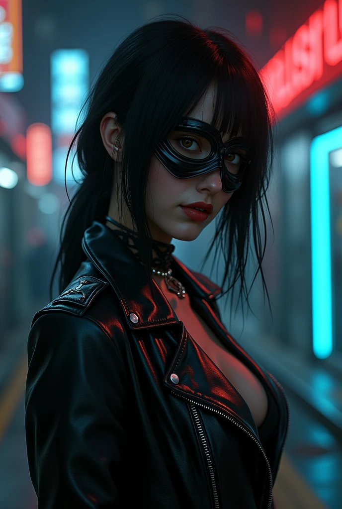 there is a woman wearing a mask and a leather jacket, beautiful cyberpunk girl face, female cyberpunk anime girl, gothic - cyberpunk, jet black haired cyberpunk girl, beautiful cyberpunk woman model, cyberpunk anime girl, hyper-realistic cyberpunk style, cyberpunk assassin, seductive cyberpunk dark fantasy, cyberpunk horror style, the cyberpunk girl portrait, cyberpunk photo, cyberpunk beautiful girl