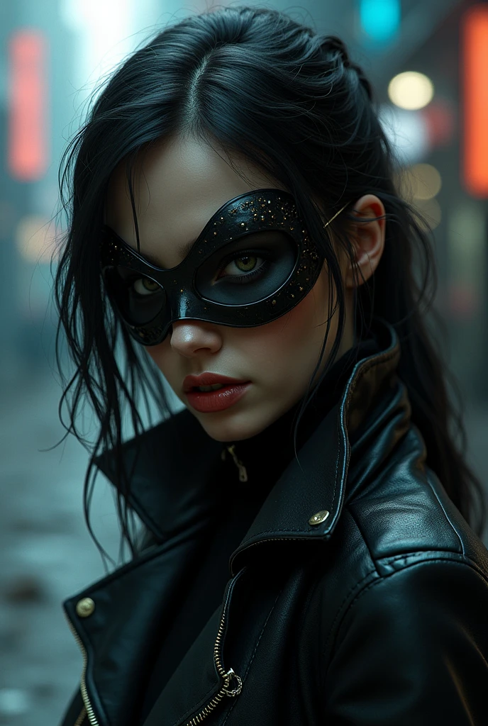 there is a woman wearing a mask and a leather jacket, cyberpunk art inspired by Leng Mei, trending on cgsociety, gothic art, beautiful cyberpunk girl face, female cyberpunk anime girl, gothic - cyberpunk, jet black haired cyberpunk girl, beautiful cyberpunk woman model, cyberpunk anime girl, hyper-realistic cyberpunk style, cyberpunk assassin, seductive cyberpunk dark fantasy, cyberpunk horror style