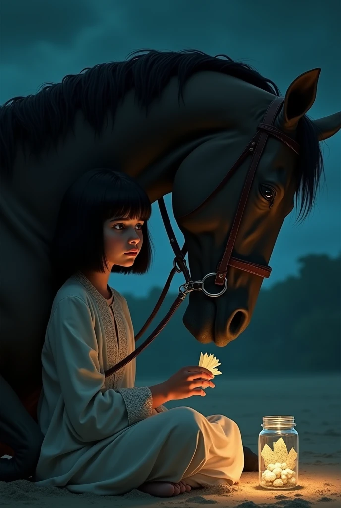 A Pakistani polo girl with bob haircut
Sitting on sand
Leaned to a horse back
In a dark scary night
She has a glass jar in her lap
She is pulling a paper from the glass jar full of folded paper pieces