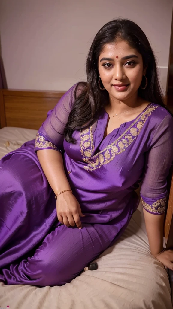 Day scene, full body photo of a plus sized 45 year old indian with a man from top view, (Masterpiece, Best Quality, High Resolution), office Background, (cum Splash on her breasts and nipples, cum Splash on her face, Splash of cum, cum Splash on her blouse, cum Splash on her eys), Sweet 25 year old South indian women sitting on a bed, hour glass body red lips, purple colour silky gown, with a smile, lightly makeup,ultra realistic, realistic, look at viewer (cinematic:1.3), intricate details,
