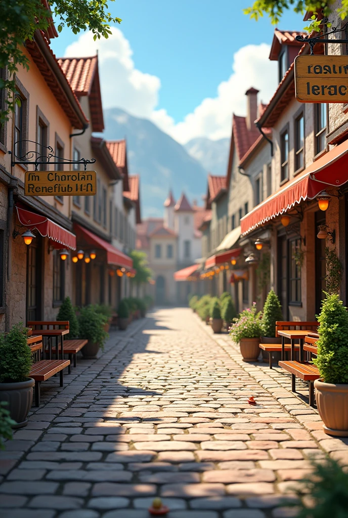8-meter-wide square cobblestone pavement with 1-meter bench.50 meters with town around and signs