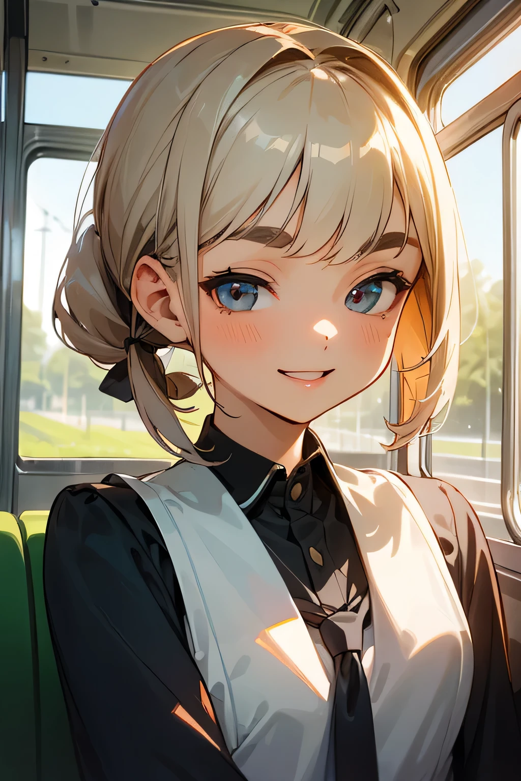 Highest quality、High resolution、Detailed Background、(Beautiful face in every detail:1.4)、Anatomically correct、(Normal number of fingers:1.2)、Highly detailed face、Detailed eyes、age beauty、Perfect body line、Light color hair、Bobcut、ponytail、Twin tails、well-groomed eyebrows、cute gesture、Fun atmosphere、School field trip、A big smile、smile、
A girl is singing and playing lively on the bus as she heads to her destination.、
Visiting museums with friends and exploring in nature、Enjoying a new experience、
The excitement builds as we eat our lunches.、Excited appearance、cute