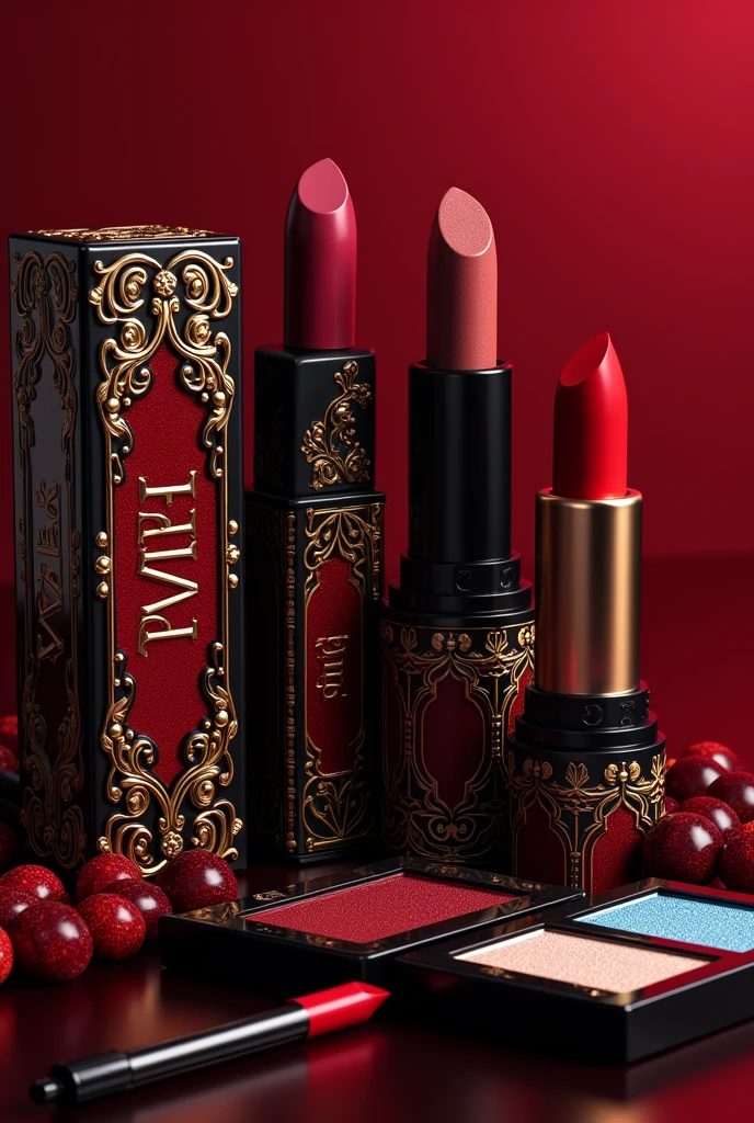 I want to create a makeup line, with 2 types of lipsticks, one dark red and the other medium brown, a mascara, and highlighters in golden white colors, bright blue-white, and bright lilac, but not vintage glamour style, with rococo style details in relief, in dark red colors, black and gold, with the brand name RedWine
