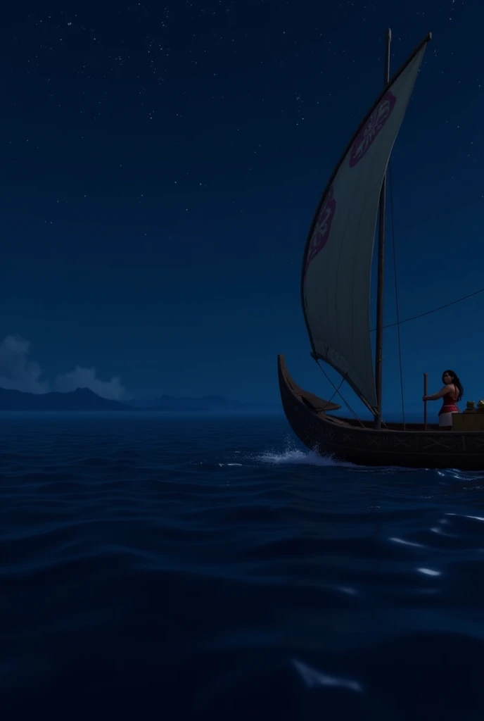 A background of Moana on her ark in the sea, at night, with Moana in one corner and with the perspective of the back and with the starry sky