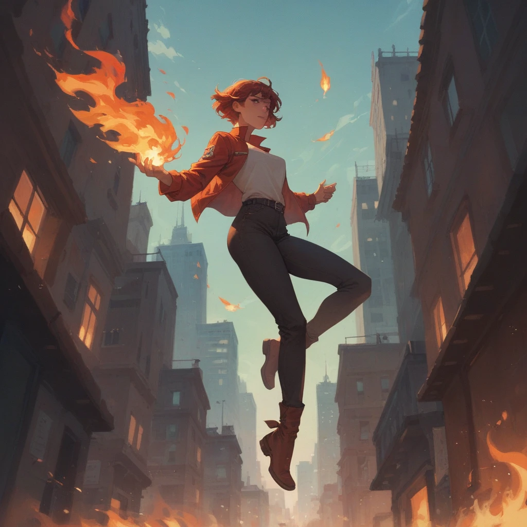 woman,lina, short hair, flying over city, fire, red glow