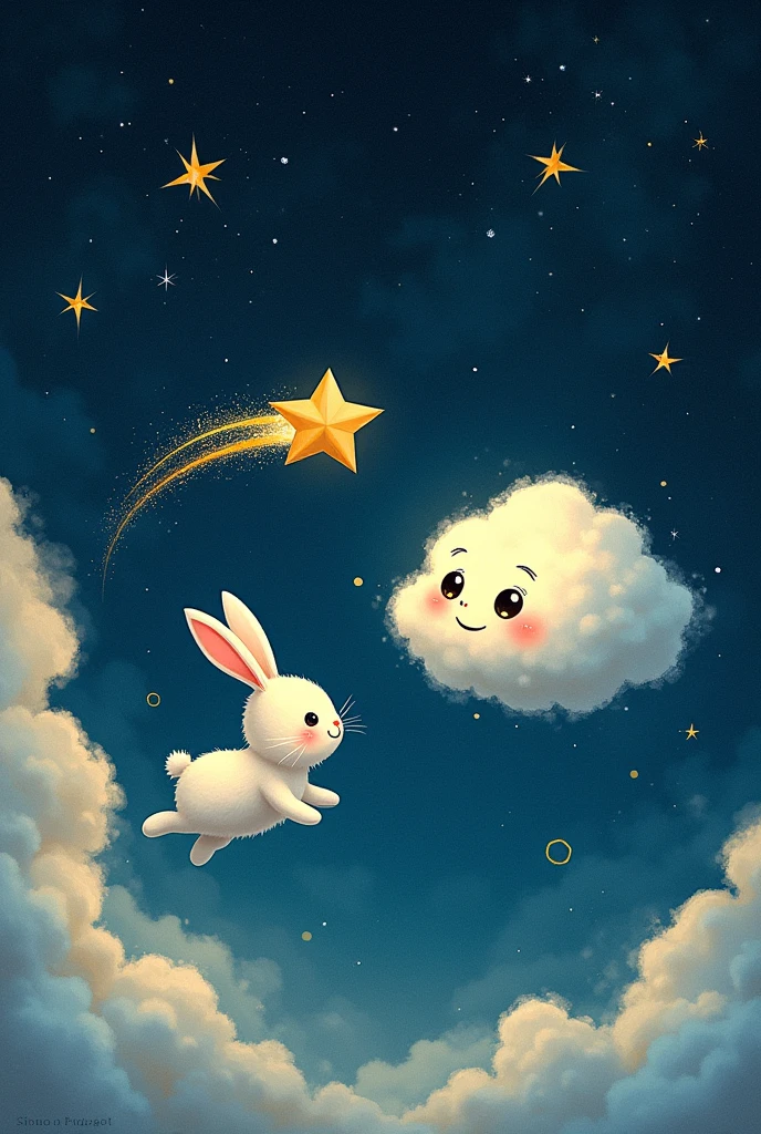 drawing of a rabbit in the sky and a star flying towards a talking cloud