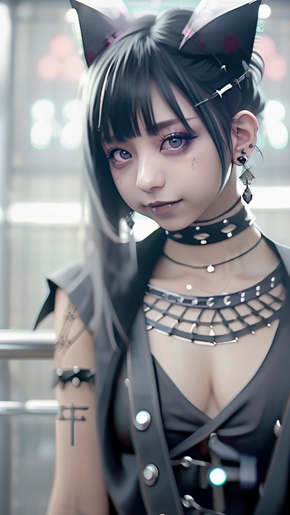 Goth_punk, One girl, alone, Standing、front、whole body、Beautiful legs、Cute Japan、J-Idol、whole bodyのfront、Beautiful legs、AKB, K-POP,((Laugh with your teeth showing))、smile、((LOL))、Medium Shot, Walk through the office, at night), Black Hair, White eyebrows, Earrings, bangs, jewelry, mask, blunt bangs, Blue Eyes, mouth , Blurred background, hair ornaments, View your viewers, Short Bob Hair, whole bodyの写真、 Side Lock、Arms on the side of the body