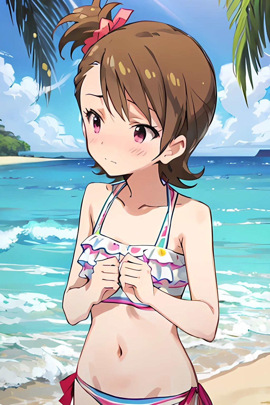 ami futami、UHD、8k、bikini、beach background、blushing、nervous face