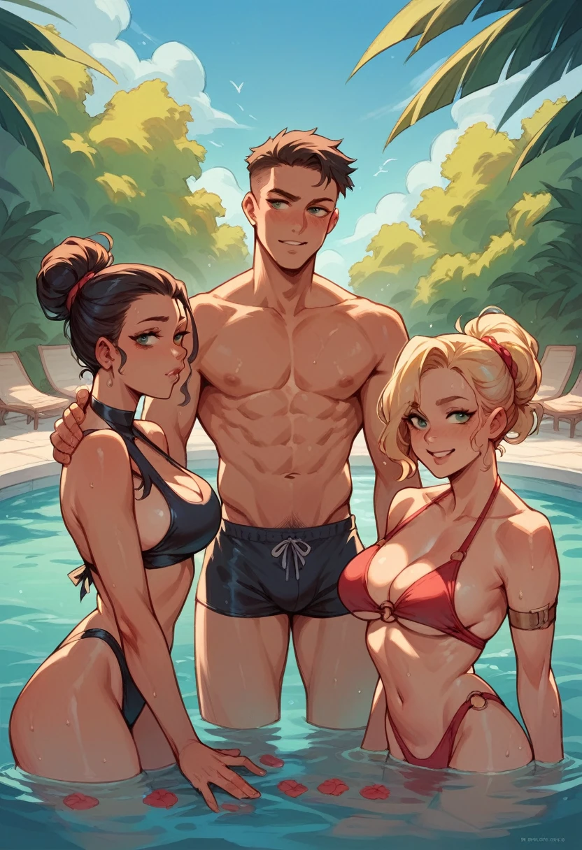 (three people) two sexy man pinning a girl in the pool