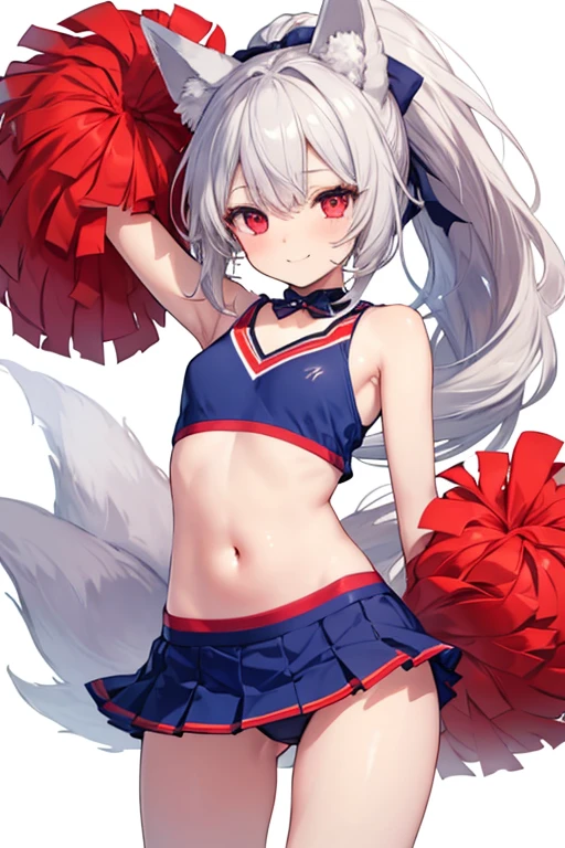 silver hair, red eyes, fox ears, girl, small breasts, ponytail, girl, small breasts, ta, bright smile, looks about 15, flat-chested, short, eye highlights, sexy thighs, cheerleader, show me your armpits, your eyes are very beautiful, highlights