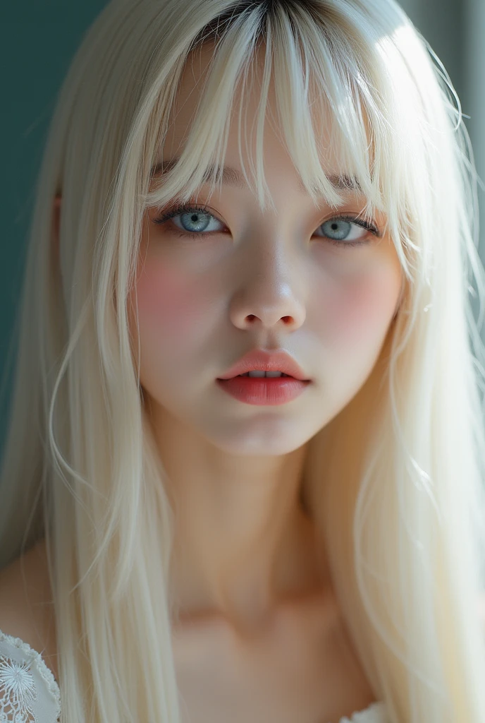 (a closeup:1.4)、(RAW shooting:1.2)、(Photorealsitic:1.4)、(masterpiece:1.3)、(top-quality:1.4)、bright expression、extremely beautyful girl、Extraordinary beautiful girl、Detailed cute and beautiful face、Beautiful bangs、Glowing white shiny skin、facial hairs、Bangs that extend to the face、Bangs between the eyes、Super long hair、Attractive light and dark platinum blonde super long straight silky hainer hair、Attractive glowing beautiful bright clear light blue big eyes、Luxurious dresses、Double eyelids、Lush bust、The upper part of the body、