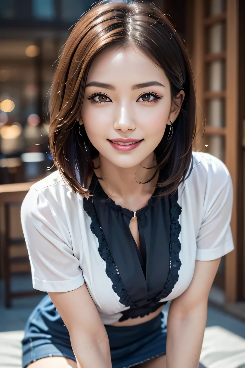 (Surreal), (shape), (Increased resolution), (8k), (Very detailed), (Best shape), (Beautiful and detailed), (Highest quality), (Very detailedな), (masterpiece ), ( wallpaper), (Detailed face), 1 girl, 44 years old, Grin, Blue blouse and tight mini skirt, Looking at the audience, Finer details, Detailed face, In the Dark, Deep Shadow, secret key, Beautiful Face, Bob Hair