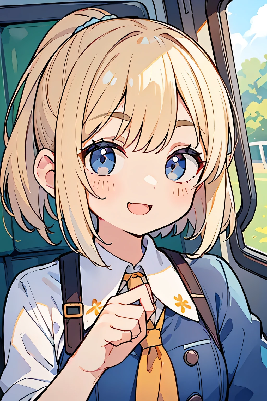Highest quality、High resolution、Detailed Background、(Beautiful face in every detail:1.4)、Anatomically correct、(Normal number of fingers:1.2)、Highly detailed face、Detailed eyes、Teenage beauty、Perfect body line、Light color hair、Bobcut、ponytail、Twin tails、well-groomed eyebrows、cute gesture、Fun atmosphere、School field trip、A big smile、smile、
A girl is singing and playing lively on the bus as she heads to her destination.、
Visiting museums with friends and exploring in nature、Enjoying a new experience、
The excitement builds as we eat our lunches.、Excited appearance、cute