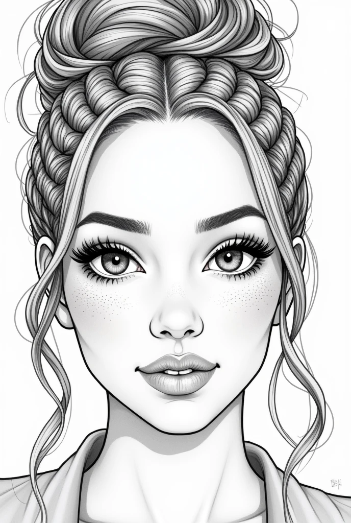 Portrait of young exotic beautiful ethnic basin woman with dimples in cheeks, line art, coloring book, realistic, hyper detailed, braided updo with baby hairs. Masterpiece, Best Quality, High Resolution,Super High Resolution, Ultra realistic, Line art, fine lines, coloring book, model, extremely gorgeous, heart face, bold look, Stunning beauty, freckles 0.1, beauty marks, confident an alluring beautiful ethnic woman, slanted eyes, (realistic:1.3), hyper detailed, photorealistic, line art portrait, masterpiece, cinematic composition, hyper intricate details, hyper detailed, photorealistic, portrait, masterpiece, Luxury, Grayscale