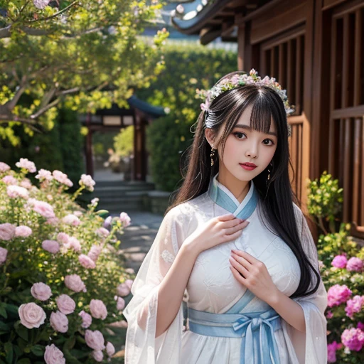 best quality, Delicate face,beautiful visual work, lifelike, eternity, black hair, Long curly hair, blunt bangs, Smile, Detailed Background, Delicate face,blush,cold,((masterpiece))、(top quality)、8k、high detail、Super detailed,21 years old female,身穿唐制Hanfu、waist skirt, Clothes are light and fluffy,Hanfu, wide sleeves, Transparent sleeves, Tunic, Clothes made of chiffon, masterpiece、born、Scenes resembling fairy tale illustrations、intricate details和複雜的設計、Beautifully、magic、capricious、 Beautifully、Dream aesthetics、「𝓡𝓸𝓶𝓪𝓷𝓽𝓲𝓬、ethereal、charming、fickle、magic」、realism、Visual effects、FXAA、SSAO、Shader、voiceless、ambient lighting、Tone mapping、High resolution、Ultra high quality、Million pixels、(8K resolution:1.10)、8k、8k以下、8K resolution、high detail、intricate details, (high quality:1.2、masterpiece:1.2、:1.21)、(21 years old female:1.21)、(興奮地Smile)、(被dream般的氛圍所包圍、Model diagram,full-body shot,Normal 2 feet,Put your hands behind you,The protrusion of the breast is visible when wearing clothes, Large Breasts, H cup chest, antiquity, Xian Xia, gauze clothes, Soft and fluttering, Fairy, dream, fantasy, light, Elegant, nature, Immortal, romantic, classical, ribbon,Chinese style, The background is Chinese architecture
