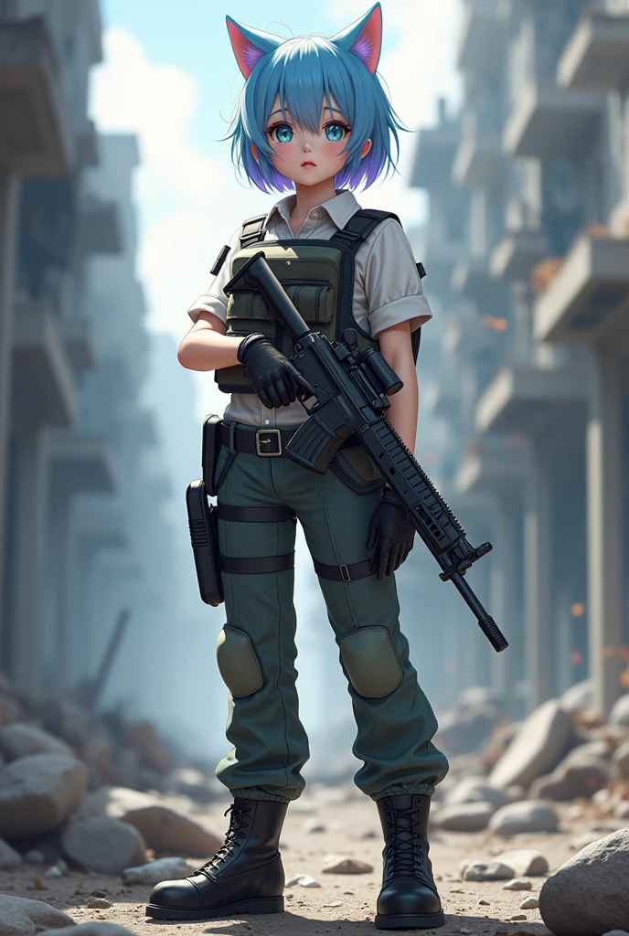 ((Best Quality)), ((masterpiece)), (detailed), (original), (realist), Short hair girl, medium light blue eyes, cat ears, soft smooth skin, small mouth, pink, glow, parts, introvert, shy, angelic, Whole body, pants with belt, pistol belt on leg, Military equipment, white shirt with details, leather boots with pointed toe, bulletproof vest, survivor, war ruins background, dystopian, textura refinada glow, costume weapon rifle sniper, high caliber bullets, mixed clothing, Blue and purple locks of hair, combat potion, massive combat defense, evasion, gloves, schoolbag, upper rank, Elite, armored vehicles, helicopters, planes, training challenge,