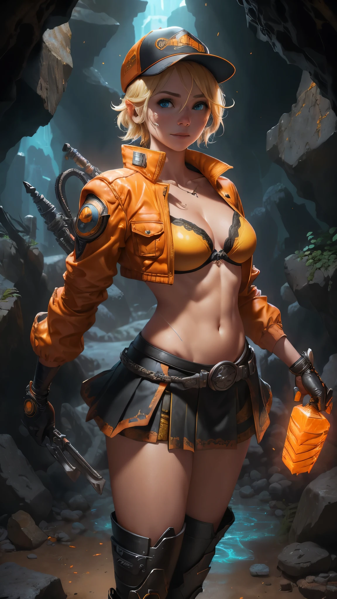 (The best quality,A high resolution,Ultra - detailed,actual),Cindy Aurum  Fantasy XV,(85mm F/1.4) , (Cindy has short blonde hair:1.4) , green eyes and a slightly tanned complexion, (His attire consists of an orange cap with the Hammerhead sign:1.4) ., a pair of black gloves, (a yellow jacket:1.4) , (a salmon bra:1.4) , (a pair of black welding :1.4) , (mini skirt plisado orange :1.4) , a brown tool belt, black stockings and a pair of white high-heeled boots, ,(Dungeon ruins background ruins large stones cavern cave :1.4 ), epic fantasy art style hd, 4K fantasy art, epic fantasy digital art style, epic fantasy art style, Fantasy Woman, epic fantasy art portrait, Epic fantasy style, hyperrealistic fantasy art, hd fantasy art, epic fantasy character art, epic fantasy art, in style of dark fantasy art, epic fantasy digital art, high quality, (raw photo, best quality), (realistic, Photorealistic: 1.4), (extremely delicate and Beautiful: 1.4), Amazing, fine details, masterpiece, Ultra detailed, high resolution, best illustration, best shadow, intricate, ( extremely intricate: 1.2), (exquisitely detailed skin), cinematic light, Perfect anatomy, (cool color: 1.4), Sharp focus, 8K UHD, DSLR, (Fujifilm XT3),(cowboy pose :1.4),( cinematic lighting :1.4),( bright colors :1.4),(Cindy Aurum Fantasy XV:1.4), (Cindy Aurum V2.1),( face detailed :1.4), More detailed 8K.motor irreal:1.4,UHD,La mejor calidad:1.4, fotorrealista:1.4, textura de la piel:1.4, obra maestra:1.8,obra-prima, mejor calidad,objeto Objeto], (detailed face features:1.3),(Las proporciones correctas),(Ojos hermosos azules), (((85mm F/1.4)), (bikini bra pink :1.4), ((pose vaquero :1.4)),( pose medio cuerpo), (Cindy Aurum :V2.1 ), (baseball cap orange :1.4),( anatomía perfecta detallado :1.4),( ciborg white plastic transparent mecánica :1.4),( cyborg transparent plastic mecánica circuitos :1.4), (skirt lifted by itself: 1.1), (skirt lift: 1.3), (showing white panties: 1.3), (mostrando panties :1.4), cyborg mecánica) 
