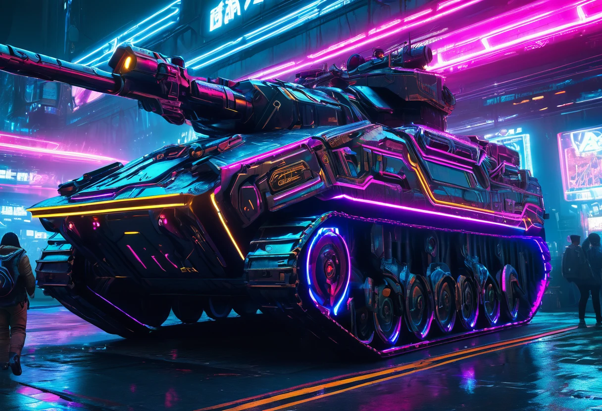Aubrey Plaza, detailed cyberpunk armored scifi tank, neon highlights and trim, oversized scifi weapon, lead tank for MMO group, cyber Tokyo, hyper realistic, cinematic lighting, 8K, high resolution, masterpiece, dramatic pose, intense expression, dynamic action, vibrant colors, futuristic, intricate details, photorealistic
