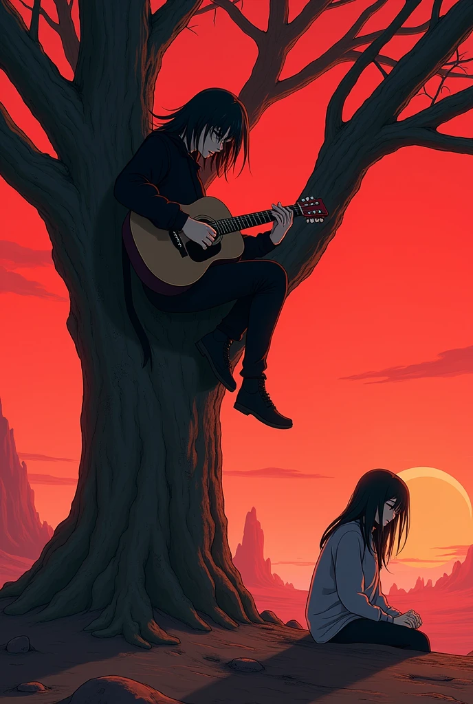 A young man with his guitar with very long hair dressed in black playing guitar in a tree under the planet Mars and at the other end of the tree a girl dressed in grey with her head down (anime version)