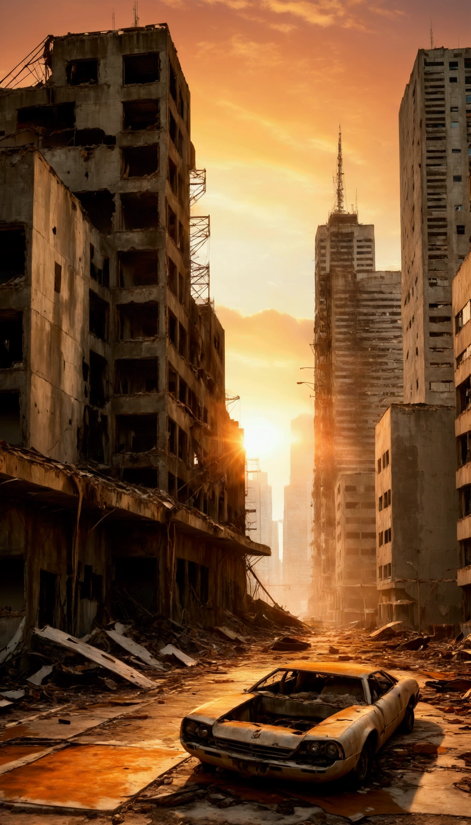 A city connected by countless walkways between high-tech skyscrapers and concrete, creating a complex urban network, photorrealistic, finely rendered textures in post apocalyptic environment, wasteland, ORANGE SKY, sunset with sun on the horizon, smoke spots in some buildings, leaning buildings collapsing diagonally and falling sideways onto each other, There is an old, rusty, dirty and destroyed Boeing 747 plane lying in the middle of the street , the plane is broken and dented, unused.
