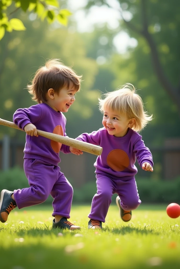 Two  playing with bat and balla with purple color dress 