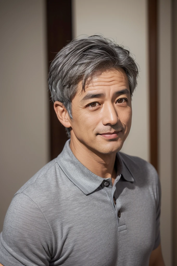 (studio lighting),(best qualtiy,high resolution:1.4),(Photorealistic,raw photo:1.2),(solo:1.2),(male:1.5),(asian:1.5),middle-aged man,(front view:1.3),(dark brown eyes:1.3),light smile,(handsome:1.3),modeled,((58 years old:1.5)),((gray hair:1.3)),(short hair:1.2),(polo shirt),(in the room, in a luxury hotel),