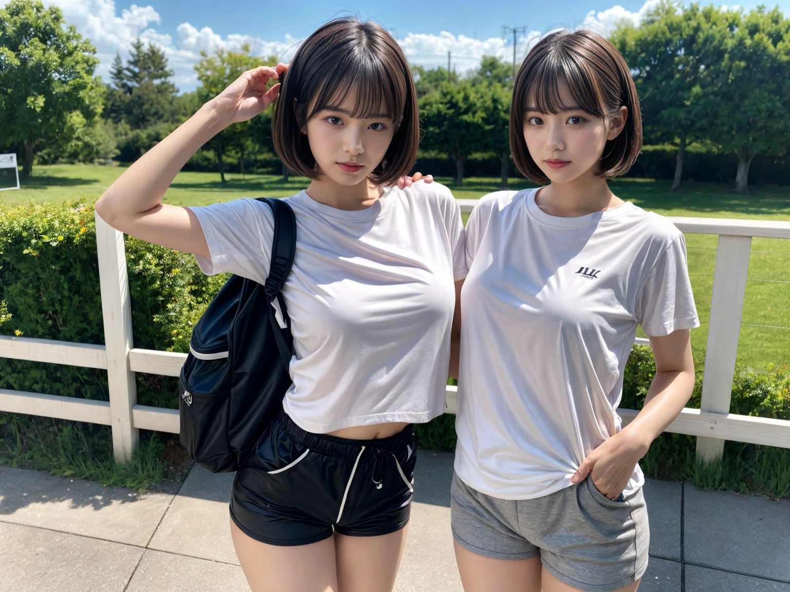 masterpiece, best quality, illustration, Super detailed, fine details, High resolution, 8K,wall paper, perfect dynamic composition,(Details High quality, realistic depiction of eyes:1.3), (2 girls), oversized sport shirt, shorts women, small backpack, short bob hair, black hair color, Big Natural Color Lip, sexy pose, crying a little、Harajuku style、20 year old girl、cute type、ta, hposing Gravure Idol, full body photo、focus on crotch, huge breasts