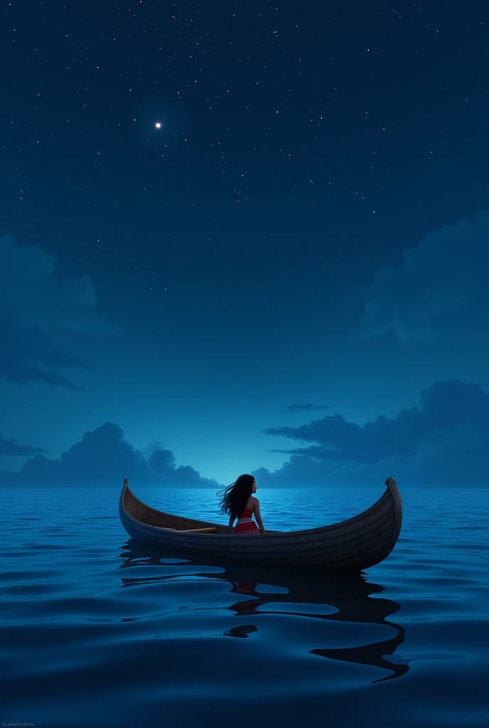 A background of Moana on her ark in the sea, at night, with Moana very close to the lower right corner, with the rear perspective and the starry sky