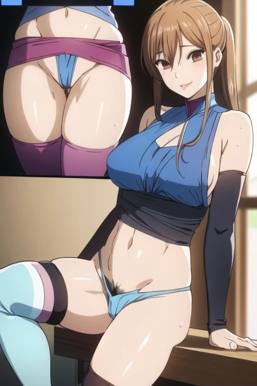 (((Sexy costumes that accentuate your sexy body:1.65)))、(((Sexy knee-highs:1.65)))、((((Spread your legs wide、Touching the thigh、Showing off your crotch、Thin pubic hair sticking out、large pointy breasts))))、masterpiece, Highest quality, Game CG, One girl, alone, View your viewers, Upper Body, , Chihaya_catalyst, Brown Hair, Brown eyes, ponytail