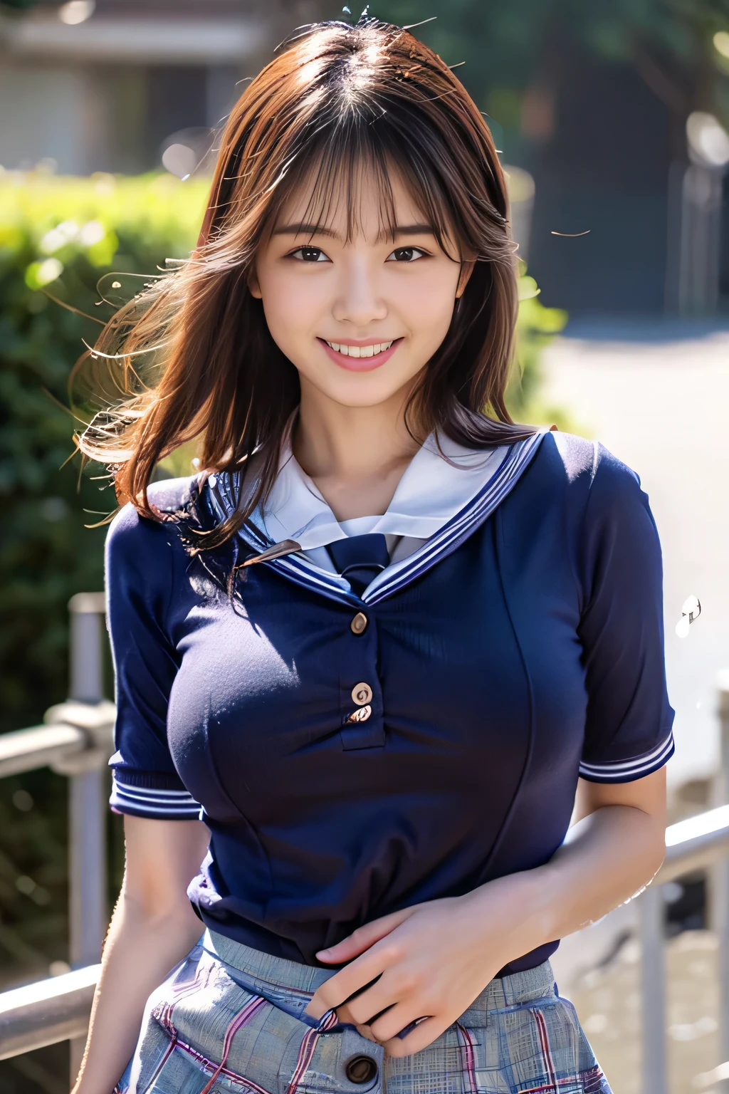 Enhanced dynamic perspective,cute cute beautiful girl,JK uniform,look at me and smile,simple background,works of masters,high quality,4K resolution,super fine,detailed pubic hair,Accurate,cinematic lighting,Retains original facial proportions、(big and full breasts:1.3)、(button gap)、(very wet body:1.37), skirt:1.3, cowboy shot