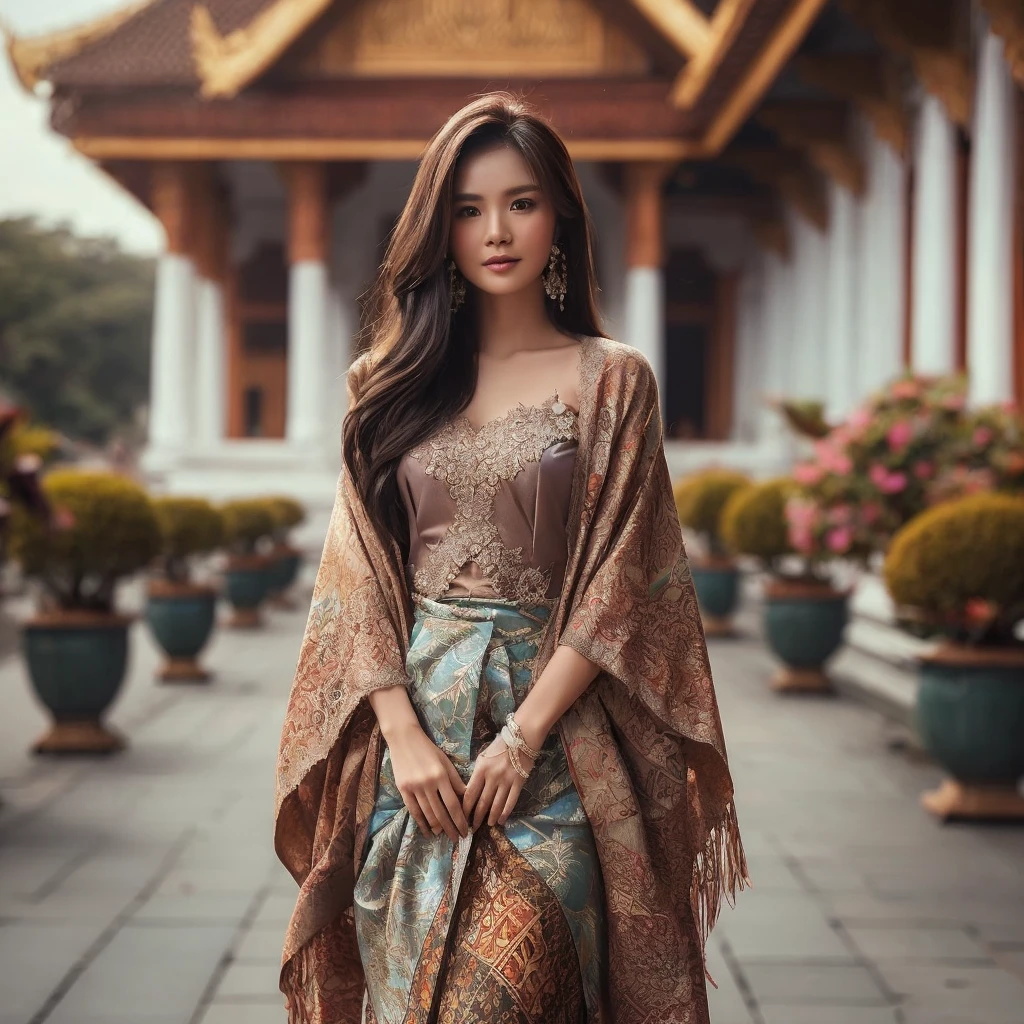 full body image, a beautiful woman from Indonesia with long straight hair wearing a closed kebaya and batik cloth on a skirt, wearing a shawl style style in front of the palace, realistic ultra HD 100k sharp detail