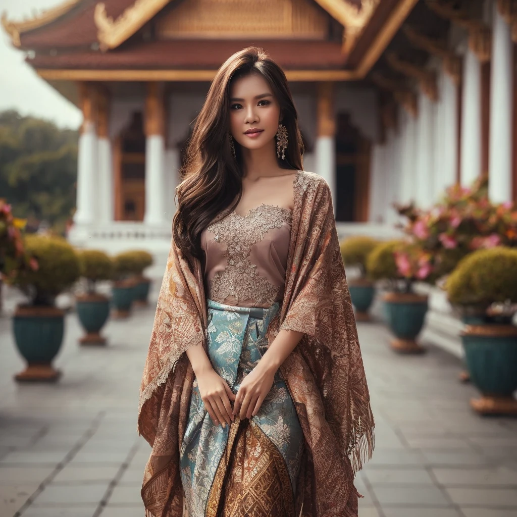 full body image, a beautiful woman from Indonesia with long straight hair wearing a closed kebaya and batik cloth on a skirt, wearing a shawl style style in front of the palace, realistic ultra HD 100k sharp detail