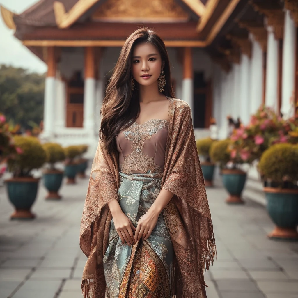 full body image, a beautiful woman from Indonesia with long straight hair wearing a closed kebaya and batik cloth on a skirt, wearing a shawl style style in front of the palace, realistic ultra HD 100k sharp detail