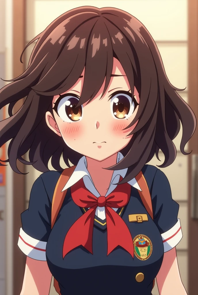 Boku no hero academia screenshot, Cute girl with dark brown wavy hair, slanted eyes, Brown eyes, with a nice body, Boku no Hero Academy Uniform