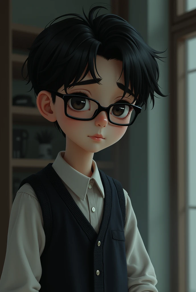 I need a picture of a boy about , delgado, with dull brown skin and prominent dark circles. Her black hair must be Korean style. He wears a white shirt, a black wool vest (shorter cut), black jeans and thin-framed glasses, rounded and black. The expression on your face must reflect tiredness., sadness and a slight sarcastic smile, also showing an ungrateful attitude.