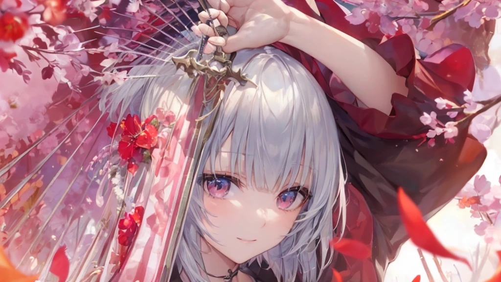 Ultra HD,Look at the viewers, Place your hands behind your back, With a girl, 20-year-old, 非常にshort hair, Long bangs between the eyes, Pale blue eyes, Very detailed,(masterpiece、Highest quality),Gray Hair、Laughter、wonderful, Silver Hair, iris, short hair、 Fluttering Hair、Small face、明るいsmile、(Detailed face) ,Professional Lighting,wonderful風景,blue sky, sunlight,Looking down from above,Portraiture、Open your mouth、Flower Field、Her eyes were shining、Mysterious and enchanting atmosphere。With AI Painting、とてもshort hair, Long bangs between the eyes, Very detailed,(masterpiece、Highest quality)、alone、Gray Hair、Fantasy, Silver Hair, Fantasyな風景、smile、Open your mouth、short hair、short hair、hairpin、black eye、Grey Eyes、Beautiful Eyes、Black Shirt、White hoodie、Hold the sword