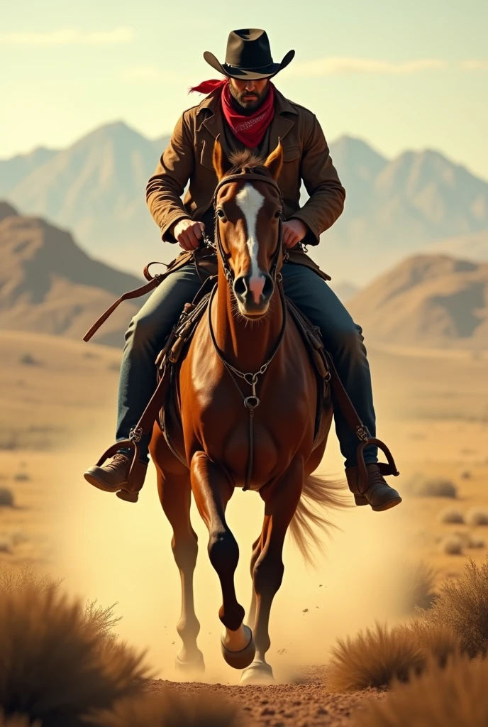 Cowboy on horse with black cap and red bandana around his neck