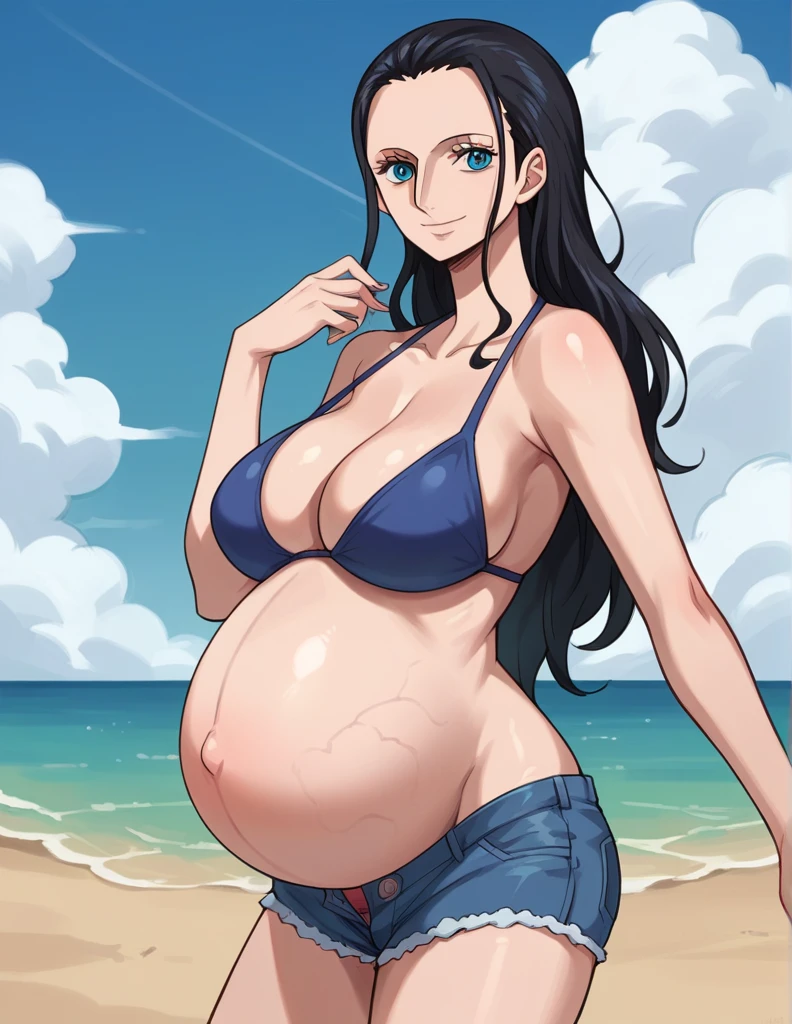 score_9, score_8_up, score_7_up, source_anime, best quality, clear face, 1girl, Nico Robin, black hair, long hair, blue eyes, large breasts, bikini, shorts, cleavage, smile, looking at viewer, sky, standing, pregnant belly, huge belly, belly
