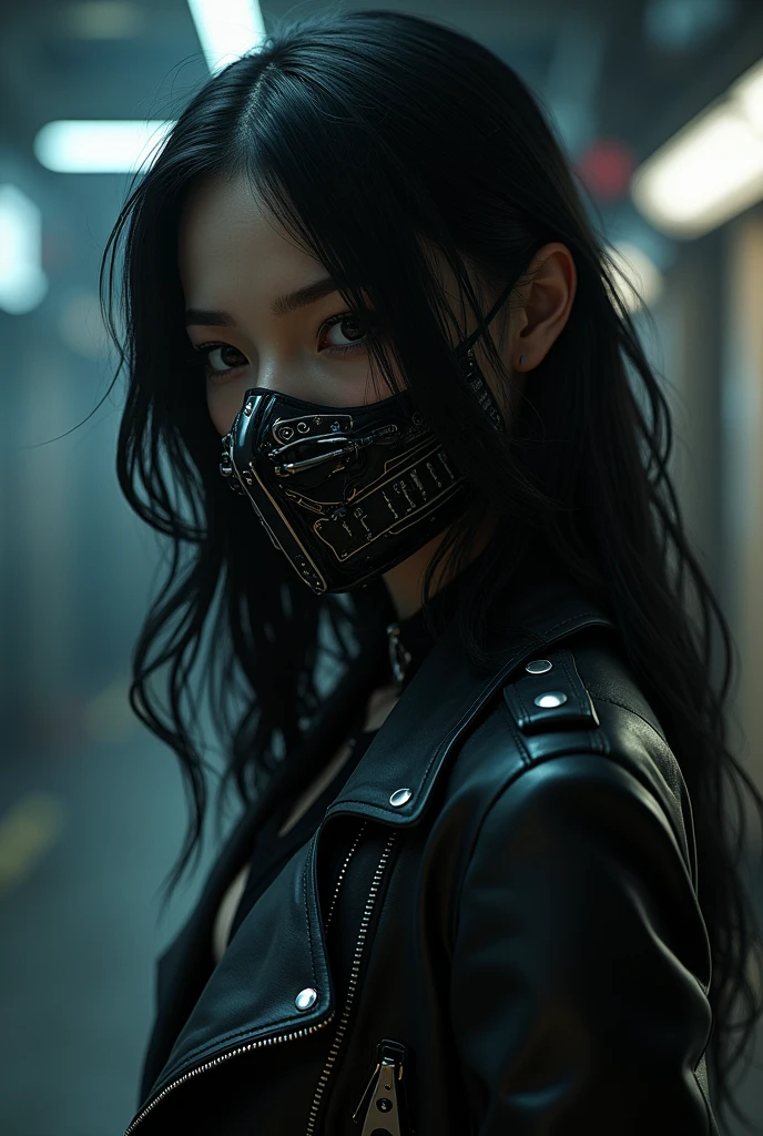 there is a woman wearing a mask and a leather jacket, cyberpunk art inspired by Leng Mei, trending on cgsociety, gothic art, beautiful cyberpunk girl face, female cyberpunk anime girl, gothic - cyberpunk, jet black haired cyberpunk girl, beautiful cyberpunk woman model, cyberpunk anime girl, hyper-realistic cyberpunk style, cyberpunk assassin, seductive cyberpunk dark fantasy, cyberpunk horror style
